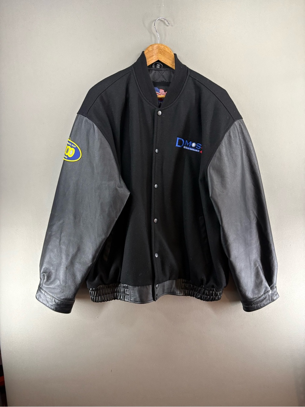 Usa Leather Men Bomber Jacket Leather Wool Logo Dmos5 Black Size 2XL Varsity